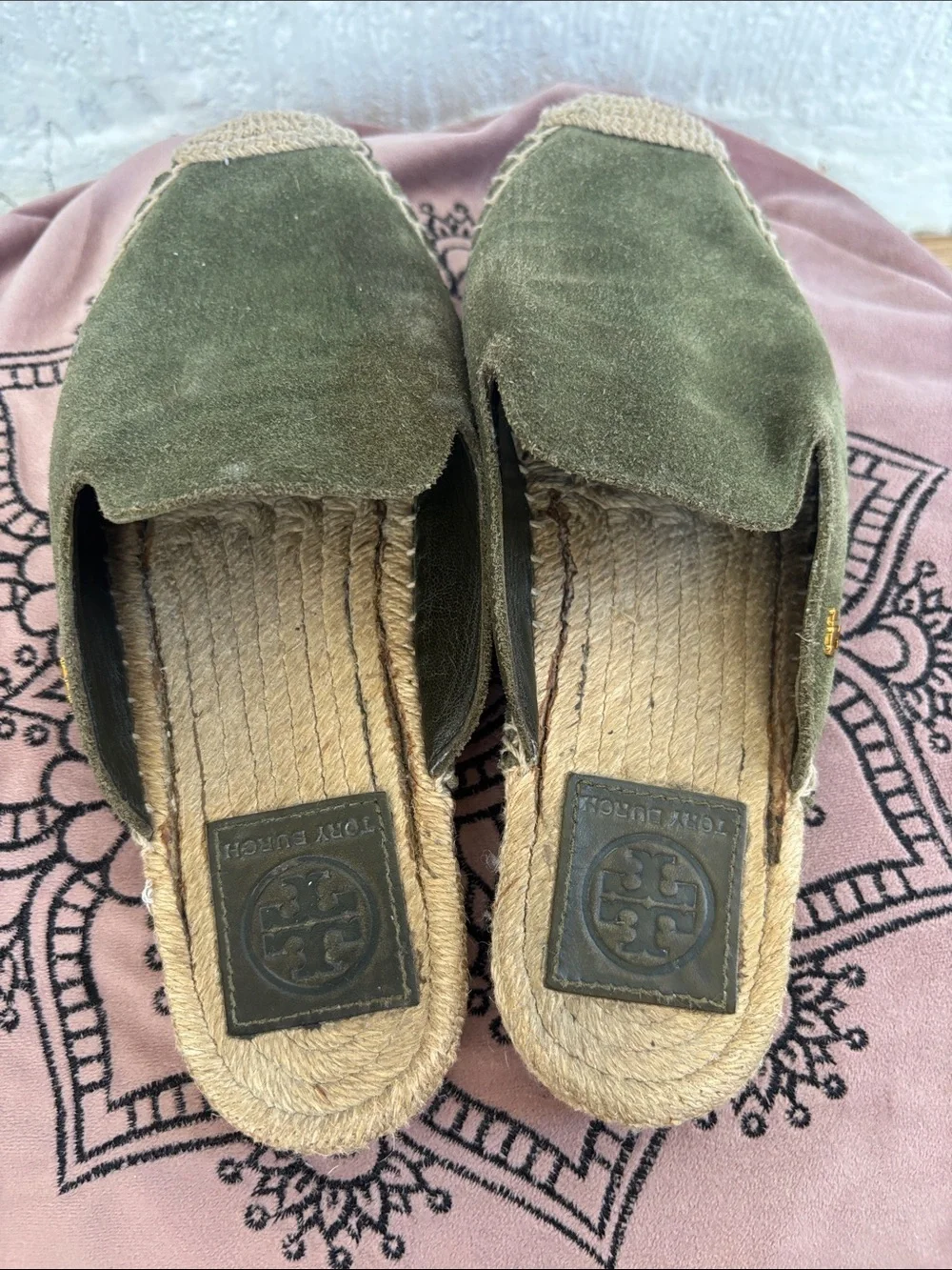 Tory Burch Suede Espardrille Olive Green Slide Leather Mules sz 6